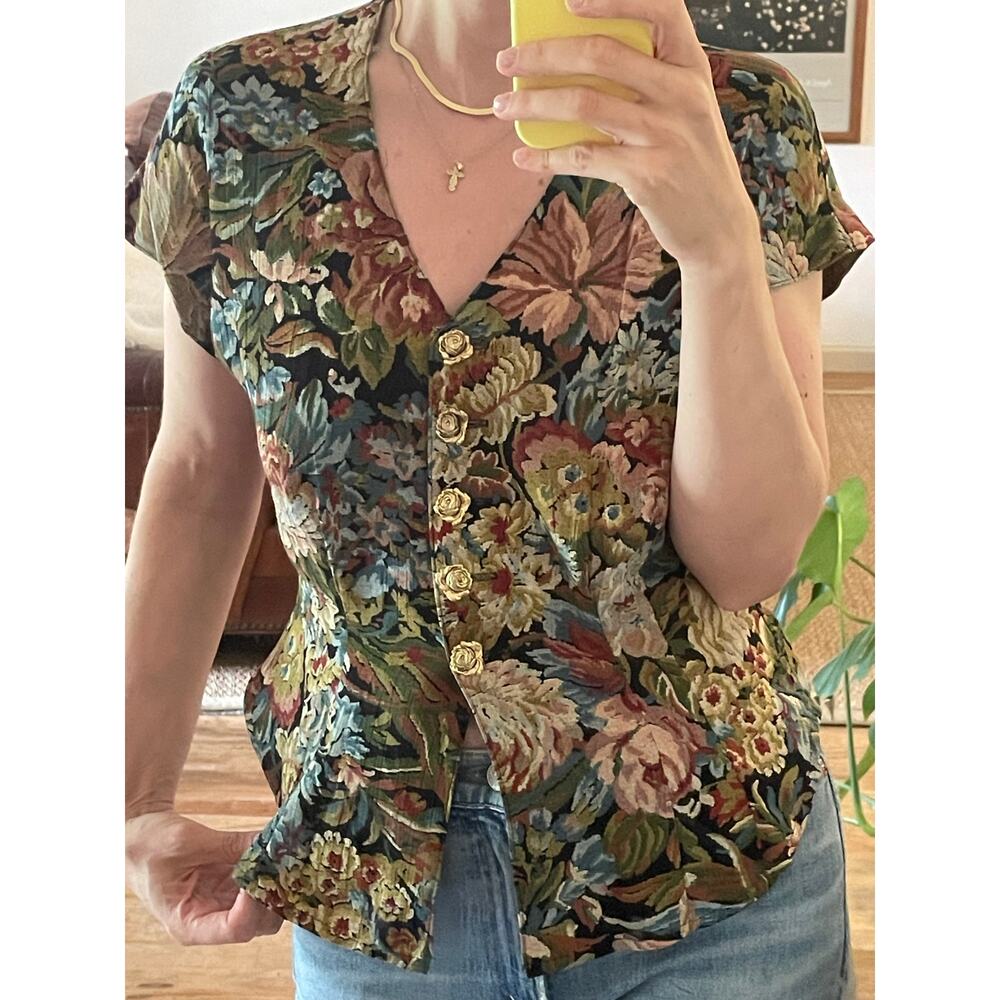 Vintage Tapestry Floral Blouse Short Sleeve